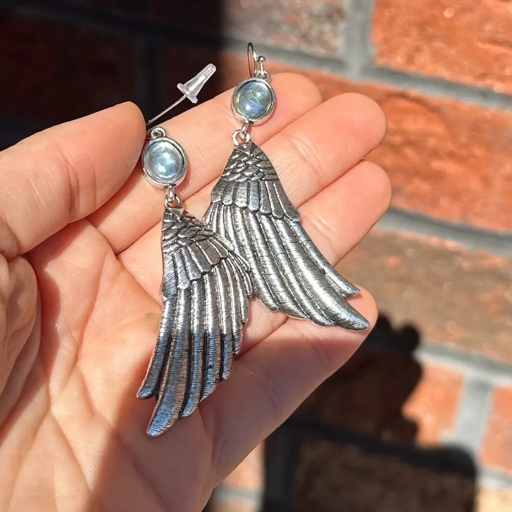 Silver Wing Earrings with Blue Accents - Picture 5 of 7